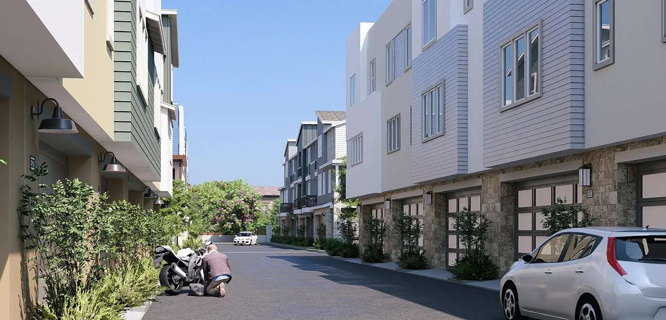 Neighborhood street with homes and landscaping