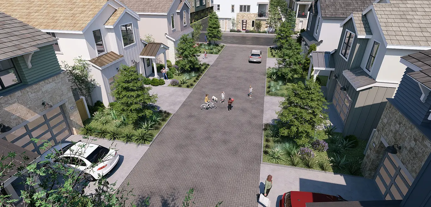 Inviting neighborhood street with homes and trees