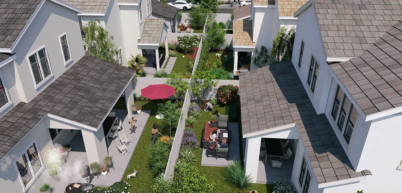 Modern community exterior with landscaped courtyard